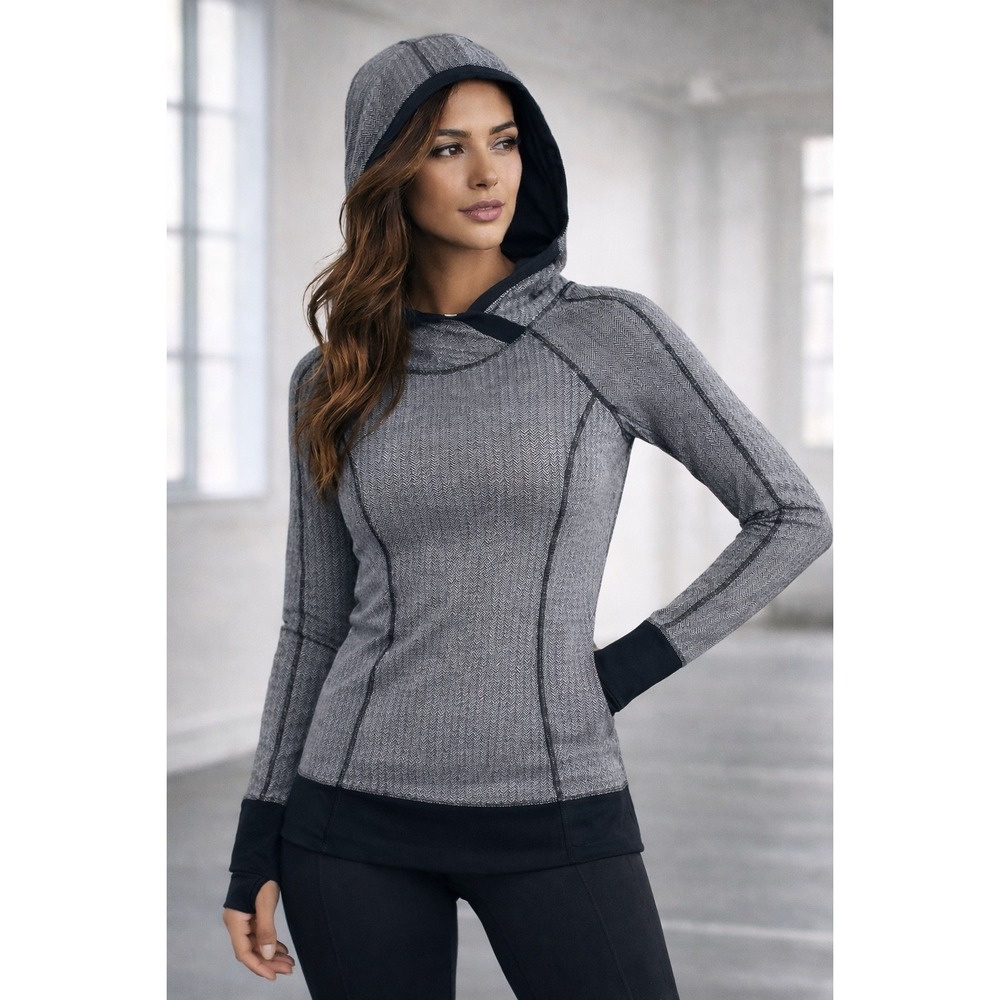 W1 Lululemon Think Fast Hoodie Heathered Herringbone Silver Spoon Black Women‎ 4